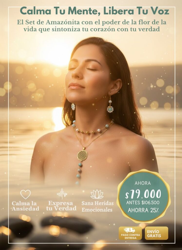 Collar y aretes de Amazonita con la Flor de la Vida. Ayuda a calmar la ansiedad, expresar la verdad y sanar heridas emocionales. Oferta especial: $79.000 (Ahorra 25%).