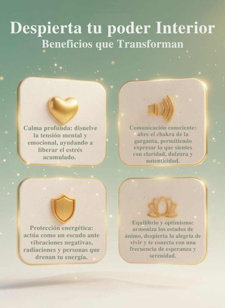 Infografía con 4 beneficios del poder interior: calma, comunicación, protección energética y equilibrio emocional.