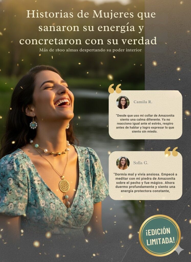 Testimonios de mujeres (Camila R. y Sofía G.) sobre el collar de Amazonita para sanar la energía, reducir la ansiedad y lograr la calma profunda. Más de 1800 almas despertando. Edición limitada.