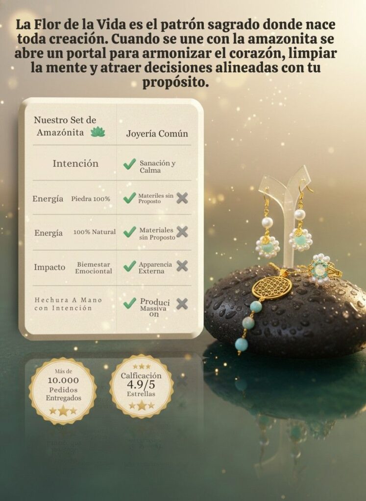 Tabla comparativa: Diferencias entre el Set de Amazonita (Intención, Piedra 100% natural, Hecho a Mano) y Joyería Común. La marca cuenta con más de 10.000 pedidos entregados y una calificación de 4.9/5 estrellas.